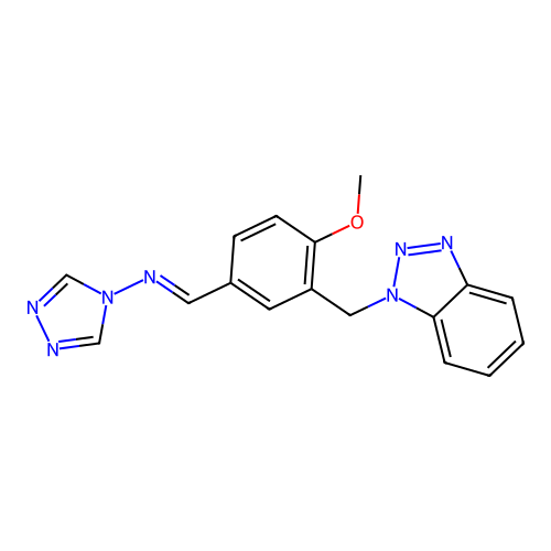 1-[3-(benzotriazol-1-ylmethyl)-4-methoxyphenyl]-N-(1,2,4-triazol-4-yl)methanimine structure