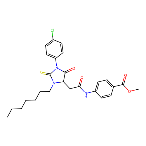 methyl 4-({[1-(4-chlorophenyl)-3-heptyl-5-oxo-2-thioxoimidazolidin-4-yl]acetyl}amino)benzoate structure