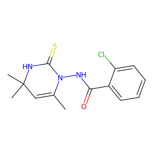 2-chloro-N-(4,4,6-trimethyl-2-sulfanylpyrimidin-1(4H)-yl)benzamide structure