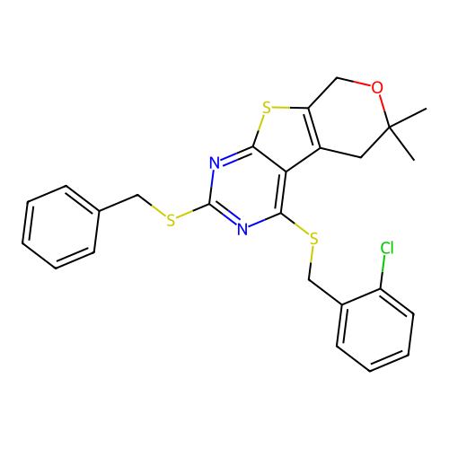 2-(benzylsulfanyl)-4-[(2-chlorobenzyl)sulfanyl]-6,6-dimethyl-5,8-dihydro-6H-pyrano[4',3':4,5]thieno[2,3-d]pyrimidine structure