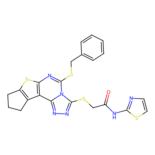 2-((5-(benzylthio)-9,10-dihydro-8H-cyclopenta[4,5]thieno[3,2-e][1,2,4]triazolo[4,3-c]pyrimidin-3-yl)thio)-N-(thiazol-2-yl)acetamide structure