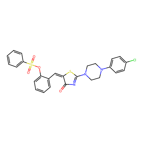 (E)-2-((2-(4-(4-chlorophenyl)piperazin-1-yl)-4-oxothiazol-5(4H)-ylidene)methyl)phenyl benzenesulfonate structure