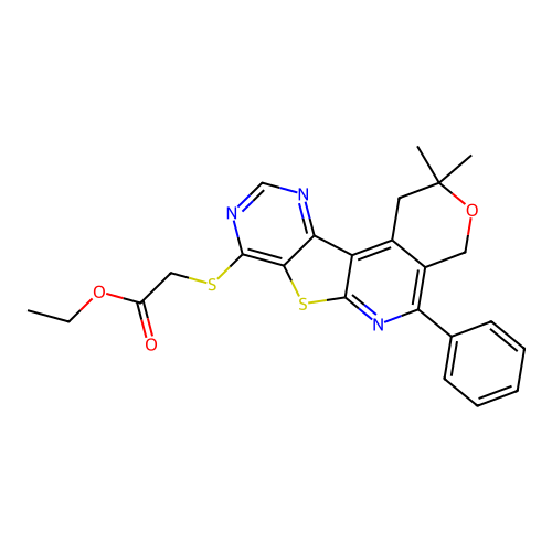 ethyl [(2,2-dimethyl-5-phenyl-1,4-dihydro-2H-pyrano[4'',3'':4',5']pyrido[3',2':4,5]thieno[3,2-d]pyrimidin-8-yl)sulfanyl]acetate structure