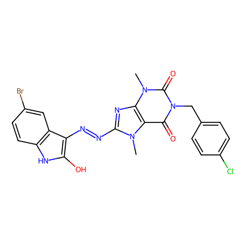 (E)-8-(2-(5-bromo-2-oxoindolin-3-ylidene)hydrazinyl)-1-(4-chlorobenzyl)-3,7-dimethyl-1H-purine-2,6(3H,7H)-dione structure