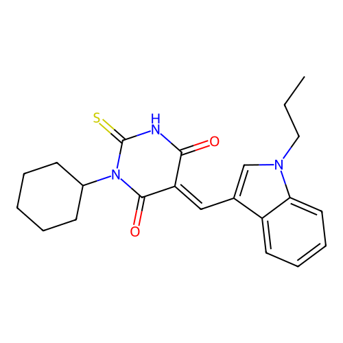 1-cyclohexyl-5-[(1-propylindol-3-yl)methylidene]-2-sulfanylidene-1,3-diazinane-4,6-dione structure