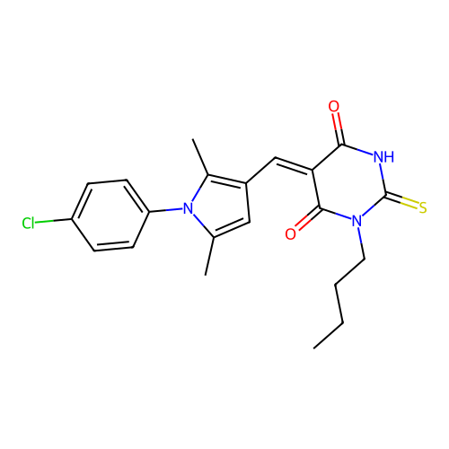 (5Z)-1-butyl-5-[[1-(4-chlorophenyl)-2,5-dimethylpyrrol-3-yl]methylidene]-2-sulfanylidene-1,3-diazinane-4,6-dione structure
