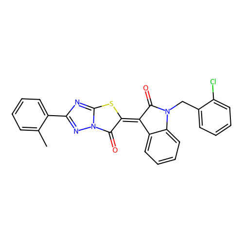 (5Z)-5-[1-[(2-chlorophenyl)methyl]-2-oxoindol-3-ylidene]-2-(2-methylphenyl)-[1,3]thiazolo[3,2-b][1,2,4]triazol-6-one structure