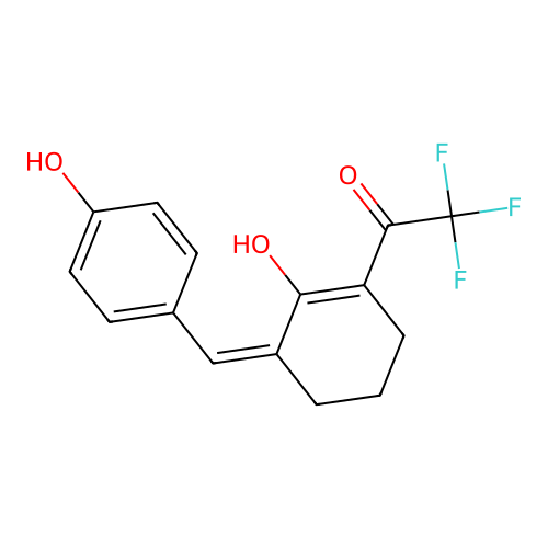 (2Z,6Z)-2-(4-hydroxybenzylidene)-6-(2,2,2-trifluoro-1-hydroxyethylidene)cyclohexanone structure