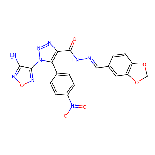 (E)-1-(4-amino-1,2,5-oxadiazol-3-yl)-N'-(benzo[d][1,3]dioxol-5-ylmethylene)-5-(4-nitrophenyl)-1H-1,2,3-triazole-4-carbohydrazide structure