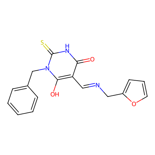 1-benzyl-5-[(2-furylmethylamino)methylidene]-2-sulfanylidene-1,3-diazinane-4,6-dione structure