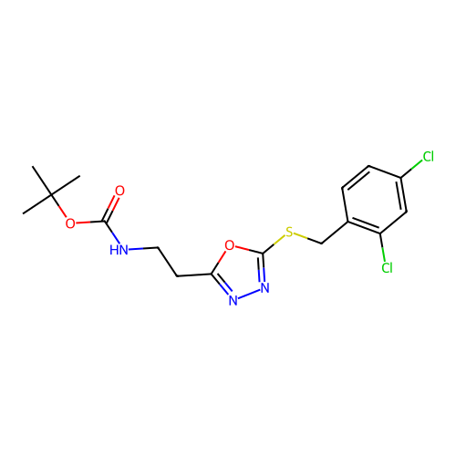 tert-butyl (2-(5-((2,4-dichlorobenzyl)thio)-1,3,4-oxadiazol-2-yl)ethyl)carbamate structure