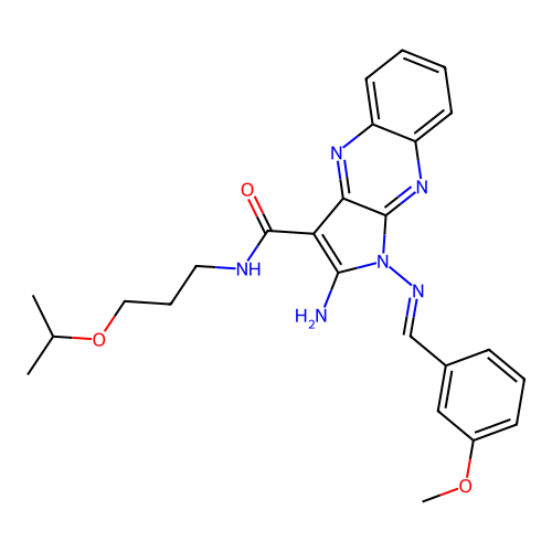 (E)-2-amino-N-(3-isopropoxypropyl)-1-((3-methoxybenzylidene)amino)-1H-pyrrolo[2,3-b]quinoxaline-3-carboxamide structure