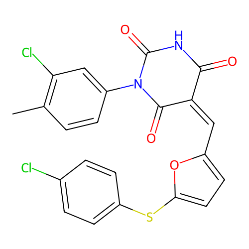 (5Z)-1-(3-chloro-4-methylphenyl)-5-[[5-(4-chlorophenyl)sulfanylfuran-2-yl]methylidene]-1,3-diazinane-2,4,6-trione structure