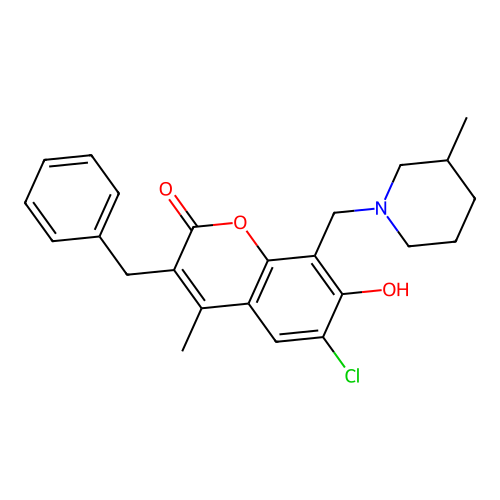 3-benzyl-6-chloro-7-hydroxy-4-methyl-8-[(3-methylpiperidino)methyl]-2H-chromen-2-one structure