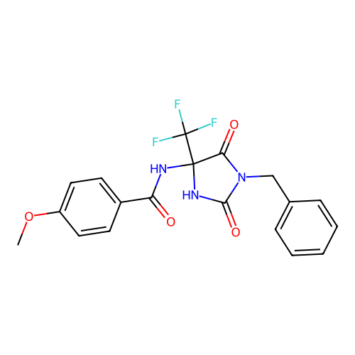 N-[1-benzyl-2,5-dioxo-4-(trifluoromethyl)imidazolidin-4-yl]-4-methoxybenzamide structure