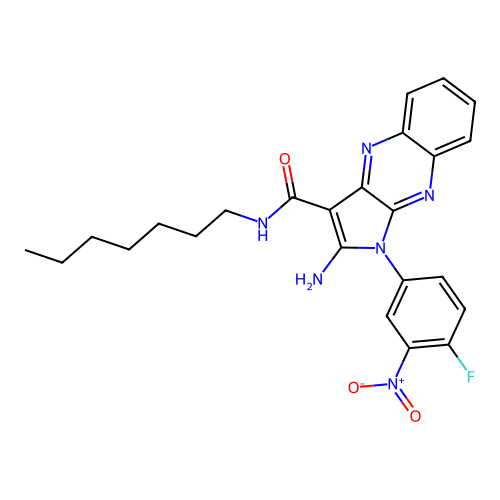 2-amino-1-(4-fluoro-3-nitrophenyl)-N-heptyl-1H-pyrrolo[2,3-b]quinoxaline-3-carboxamide structure