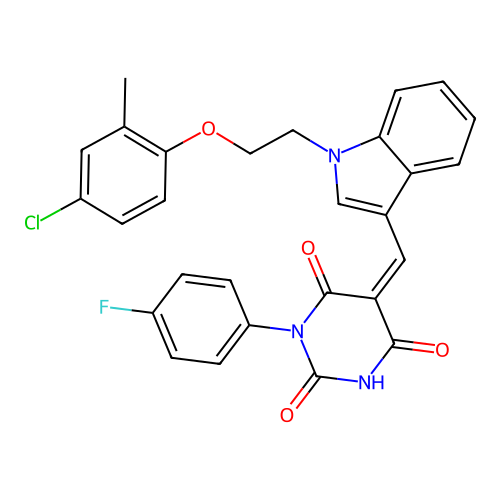 (5Z)-5-({1-[2-(4-chloro-2-methylphenoxy)ethyl]-1H-indol-3-yl}methylidene)-3-(4-fluorophenyl)-6-hydroxypyrimidine-2,4(3H,5H)-dione structure