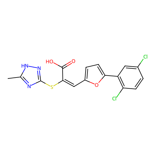 (2E)-3-[5-(2,5-dichlorophenyl)furan-2-yl]-2-[(3-methyl-1H-1,2,4-triazol-4-ium-5-yl)sulfanyl]prop-2-enoate structure