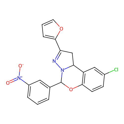 2-chloro-9-(2-furyl)-6-(3-nitrophenyl)-6H,10aH-benzo[e]2-pyrazolino[1,5-c]1,3- oxazine structure