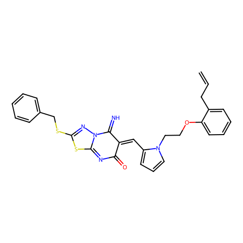 (6Z)-2-(benzylsulfanyl)-5-imino-6-[(1-{2-[2-(prop-2-en-1-yl)phenoxy]ethyl}-1H-pyrrol-2-yl)methylidene]-5,6-dihydro-7H-[1,3,4]thiadiazolo[3,2-a]pyrimidin-7-one structure