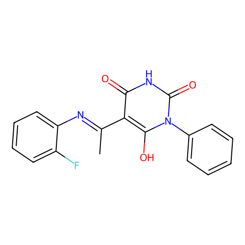 5-[1-(2-fluoroanilino)ethylidene]-1-phenyl-1,3-diazinane-2,4,6-trione structure