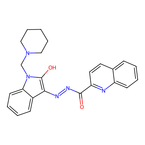 (Z)-N'-(2-oxo-1-(piperidin-1-ylmethyl)indolin-3-ylidene)quinoline-2-carbohydrazide structure