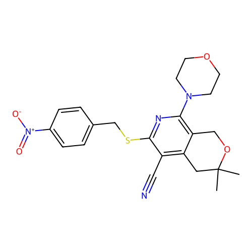 3,3-dimethyl-8-(morpholin-4-yl)-6-[(4-nitrobenzyl)sulfanyl]-3,4-dihydro-1H-pyrano[3,4-c]pyridine-5-carbonitrile structure