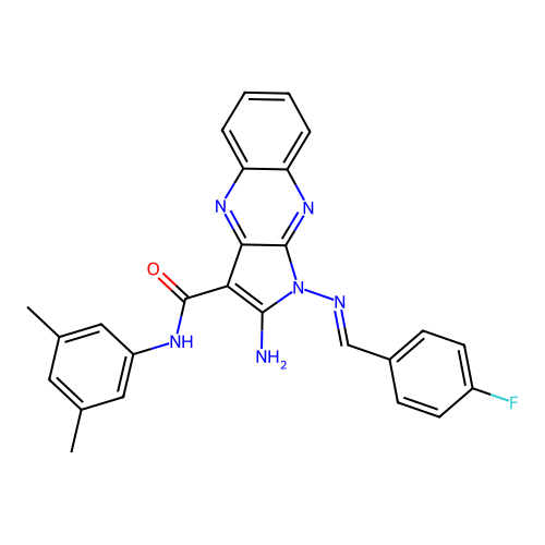 (E)-2-amino-N-(3,5-dimethylphenyl)-1-((4-fluorobenzylidene)amino)-1H-pyrrolo[2,3-b]quinoxaline-3-carboxamide structure