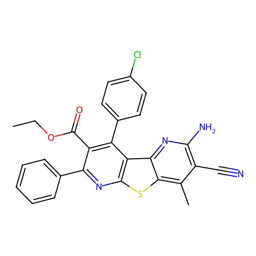 ethyl 2-amino-9-(4-chlorophenyl)-3-cyano-4-methyl-7-phenylthieno[2,3-b:4,5-b']dipyridine-8-carboxylate structure