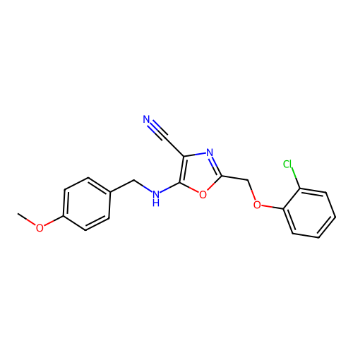 2-((2-chlorophenoxy)methyl)-5-((4-methoxybenzyl)amino)oxazole-4-carbonitrile structure