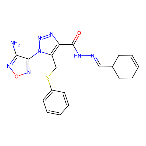 (E)-1-(4-amino-1,2,5-oxadiazol-3-yl)-N'-(cyclohex-3-en-1-ylmethylene)-5-((phenylthio)methyl)-1H-1,2,3-triazole-4-carbohydrazide structure