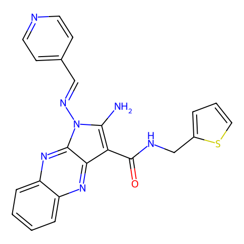 (E)-2-amino-1-((pyridin-4-ylmethylene)amino)-N-(thiophen-2-ylmethyl)-1H-pyrrolo[2,3-b]quinoxaline-3-carboxamide structure