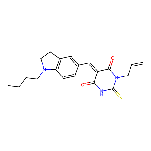 (E)-1-allyl-5-((1-butylindolin-5-yl)methylene)-2-thioxodihydropyrimidine-4,6(1H,5H)-dione structure