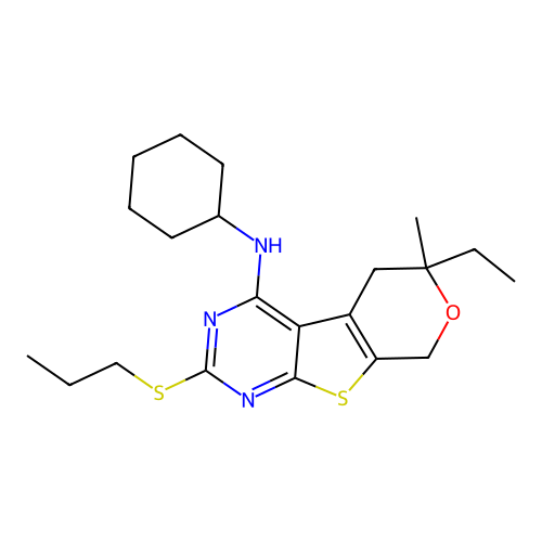 N-cyclohexyl-6-ethyl-6-methyl-2-(propylsulfanyl)-5,8-dihydro-6H-pyrano[4',3':4,5]thieno[2,3-d]pyrimidin-4-amine structure