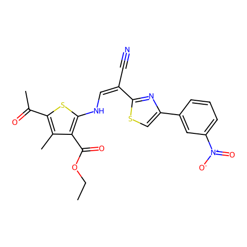 (Z)-ethyl 5-acetyl-2-((2-cyano-2-(4-(3-nitrophenyl)thiazol-2-yl)vinyl)amino)-4-methylthiophene-3-carboxylate structure