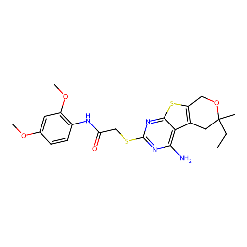 2-[(4-amino-6-ethyl-6-methyl-5,8-dihydro-6H-pyrano[4',3':4,5]thieno[2,3-d]pyrimidin-2-yl)sulfanyl]-N-(2,4-dimethoxyphenyl)acetamide structure