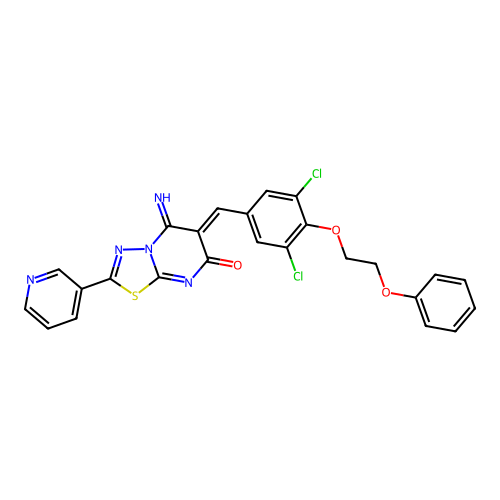 (6Z)-6-[[3,5-dichloro-4-(2-phenoxyethoxy)phenyl]methylidene]-5-imino-2-pyridin-3-yl-[1,3,4]thiadiazolo[3,2-a]pyrimidin-7-one structure