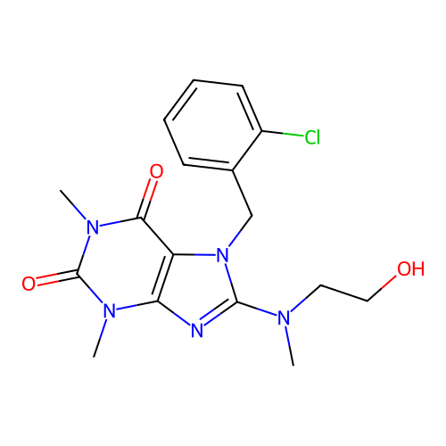 7-[(2-chlorophenyl)methyl]-8-(2-hydroxyethyl-methyl-amino)-1,3-dimethyl-purine-2,6-dione structure