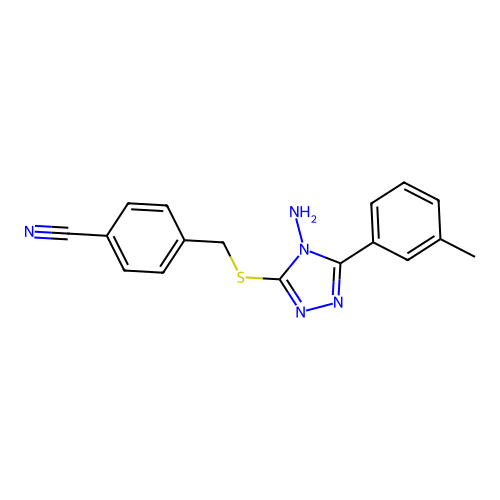4-(((4-amino-5-(m-tolyl)-4H-1,2,4-triazol-3-yl)thio)methyl)benzonitrile structure
