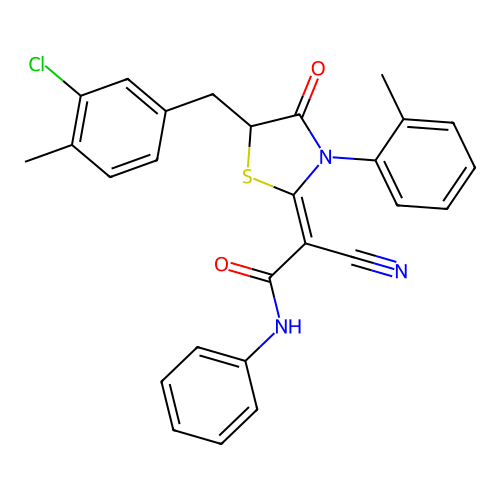 (2Z)-2-[5-(3-chloro-4-methylbenzyl)-3-(2-methylphenyl)-4-oxo-1,3-thiazolidin-2-ylidene]-2-cyano-N-phenylethanamide structure