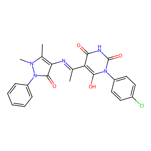 (E)-1-(4-chlorophenyl)-5-(1-((1,5-dimethyl-3-oxo-2-phenyl-2,3-dihydro-1H-pyrazol-4-yl)amino)ethylidene)pyrimidine-2,4,6(1H,3H,5H)-trione structure