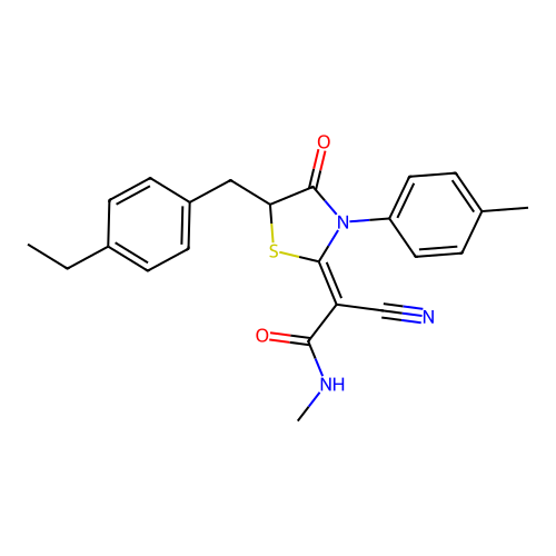 (2Z)-2-cyano-2-[5-(4-ethylbenzyl)-3-(4-methylphenyl)-4-oxo-1,3-thiazolidin-2-ylidene]-N-methylethanamide structure