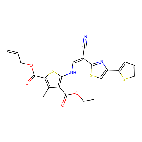 (Z)-2-allyl 4-ethyl 5-((2-cyano-2-(4-(thiophen-2-yl)thiazol-2-yl)vinyl)amino)-3-methylthiophene-2,4-dicarboxylate structure
