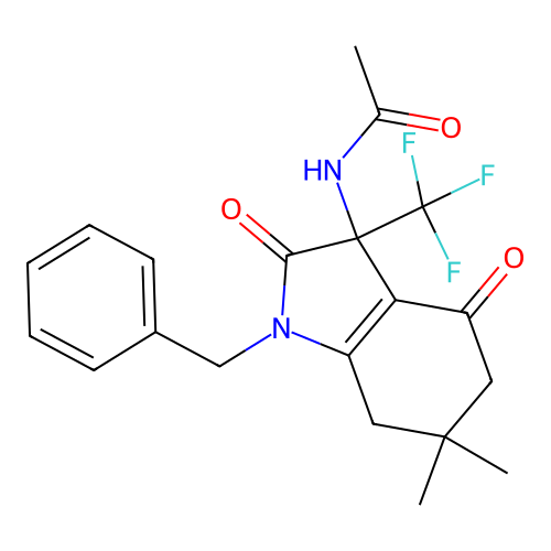 N-[1-benzyl-6,6-dimethyl-2,4-dioxo-3-(trifluoromethyl)-5,7-dihydroindol-3-yl]acetamide structure