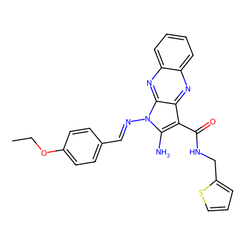 (E)-2-amino-1-((4-ethoxybenzylidene)amino)-N-(thiophen-2-ylmethyl)-1H-pyrrolo[2,3-b]quinoxaline-3-carboxamide structure