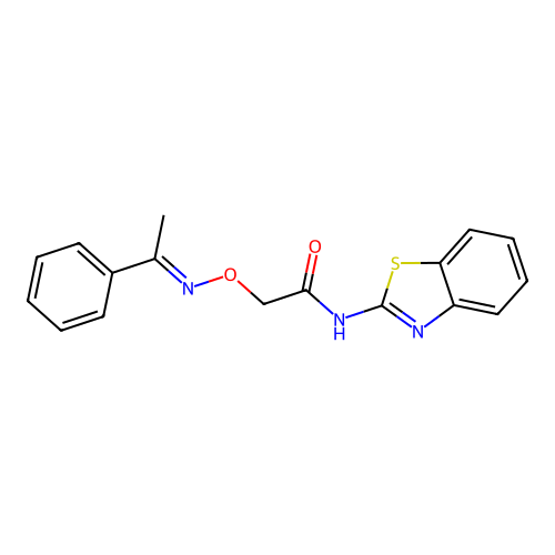N-Benzothiazol-2-yl-2-[1-phenyl-eth-(E)-ylideneaminooxy]-acetamide structure