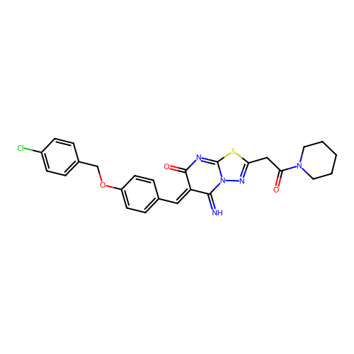 (6Z)-6-[[4-[(4-chlorophenyl)methoxy]phenyl]methylidene]-5-imino-2-(2-oxo-2-piperidin-1-ylethyl)-[1,3,4]thiadiazolo[3,2-a]pyrimidin-7-one structure