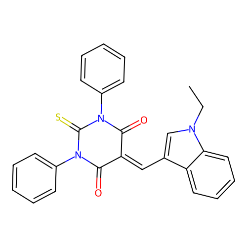 5-[(1-ethylindol-3-yl)methylidene]-1,3-diphenyl-2-sulfanylidene-1,3-diazinane-4,6-dione structure