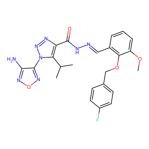 (E)-1-(4-amino-1,2,5-oxadiazol-3-yl)-N'-(2-((4-fluorobenzyl)oxy)-3-methoxybenzylidene)-5-isopropyl-1H-1,2,3-triazole-4-carbohydrazide structure