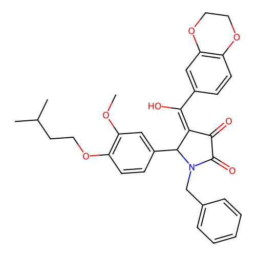 (4E)-1-benzyl-4-[2,3-dihydro-1,4-benzodioxin-6-yl(hydroxy)methylidene]-5-[3-methoxy-4-(3-methylbutoxy)phenyl]pyrrolidine-2,3-dione structure